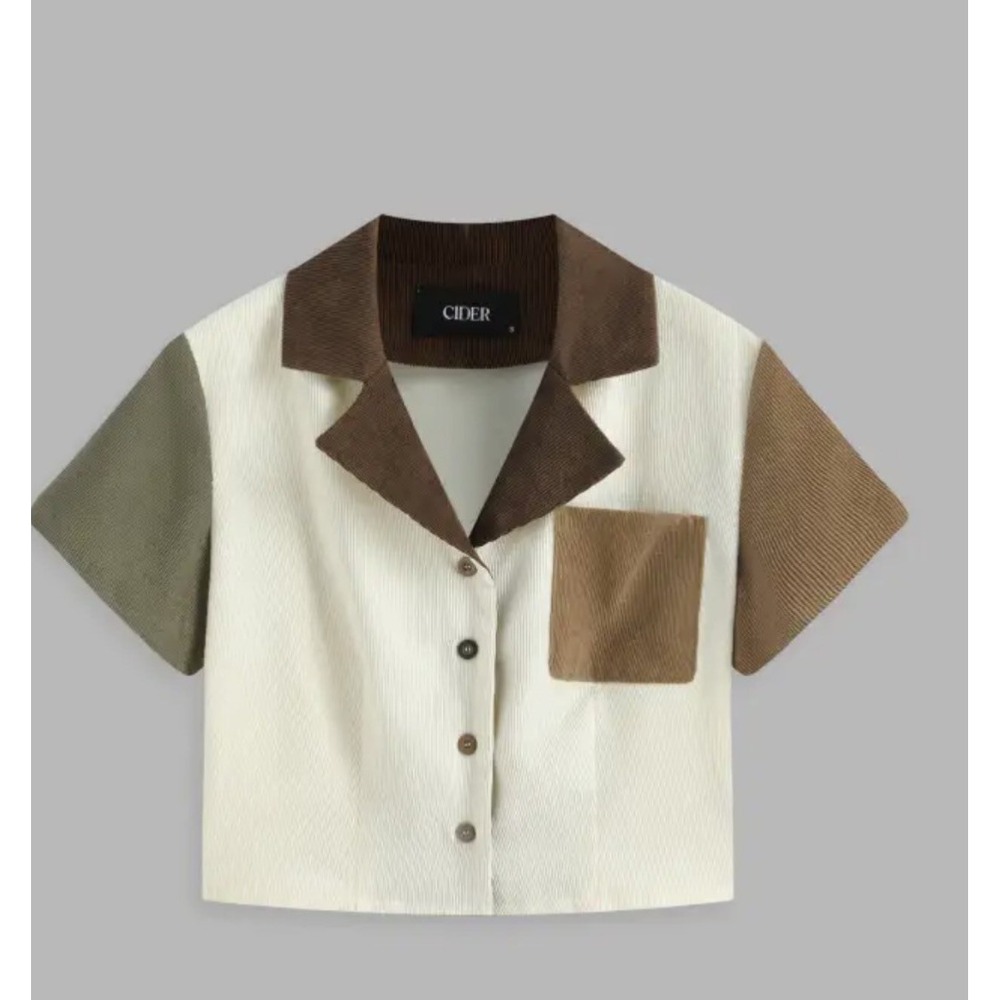 Cider Womens Colorblock Cropped Short Sleeve Button Up Shirt Top Pastel size L